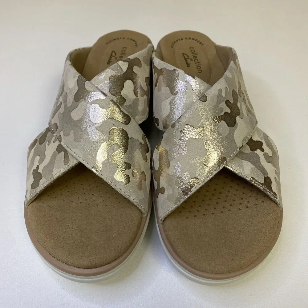 Clarks Collection Jillian Wedge Slides Criss Cross Sandals Tan Gold Camo Size 6
